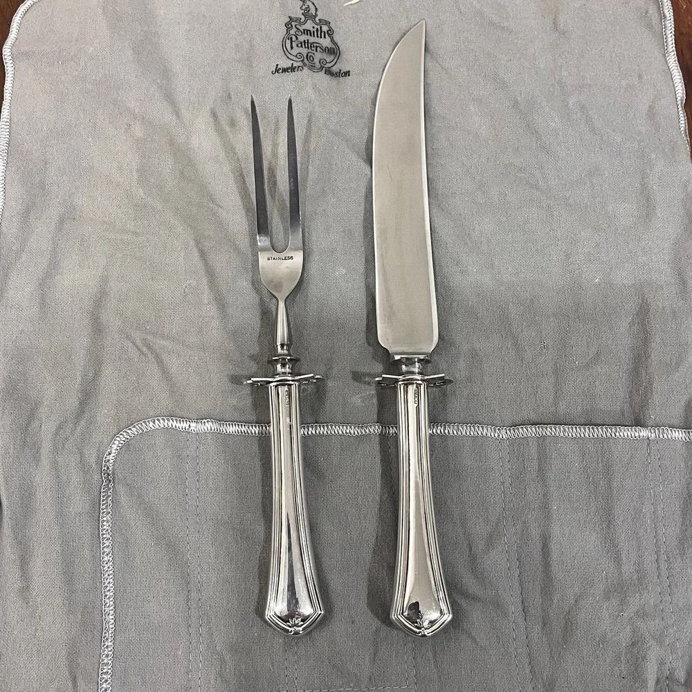 STERLING SILVER MARK on HANDLE ANTIQUE STEAK KNIFE FORK SET 154g, Mint Cond.